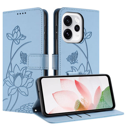 OPPO Reno15 Pro Max 5G Lotus Embossed PU Leather Wallet Phone Case with Card Holder, Cash Pocket, Magnetic Flip Stand Cover, Wrist Lanyard Strap, Shockproof TPU Protective Folio Case - Purple