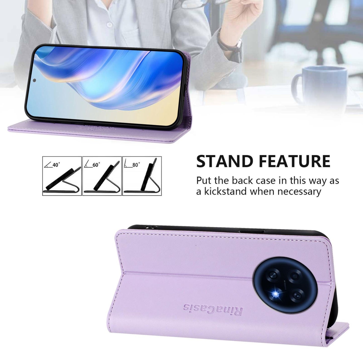 OPPO A6 GT 5G Dual-Folded Magnetic Suction RFID Blocking PU Leather Wallet Phone Case with Card Slots, Cash Pocket, Kickstand, Full Protective Flip Cover