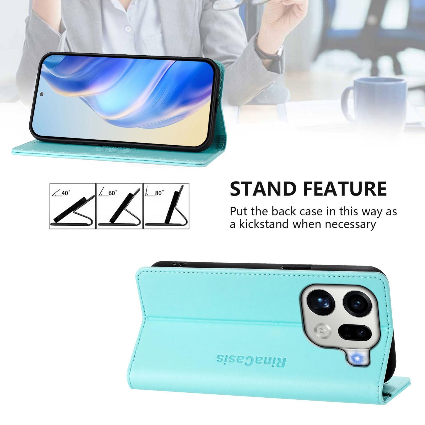 OPPO Find X9 Pro Dual-Folded Magnetic Suction RFID Blocking PU Leather Wallet Phone Case with Card Slots, Cash Pocket, Kickstand, Full Protective Flip Cover