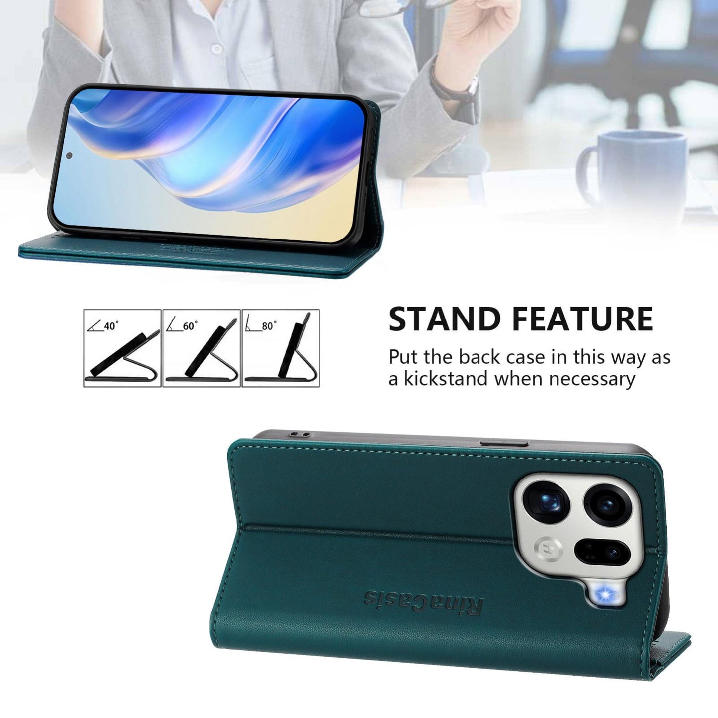 OPPO Find X9 Pro Dual-Folded Magnetic Suction RFID Blocking PU Leather Wallet Phone Case with Card Slots, Cash Pocket, Kickstand, Full Protective Flip Cover