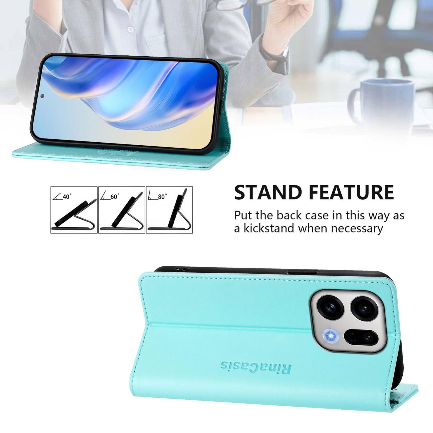OPPO Find X9 Dual-Folded Magnetic Suction RFID Blocking PU Leather Wallet Phone Case with Card Slots, Cash Pocket, Kickstand, Full Protective Flip Cover
