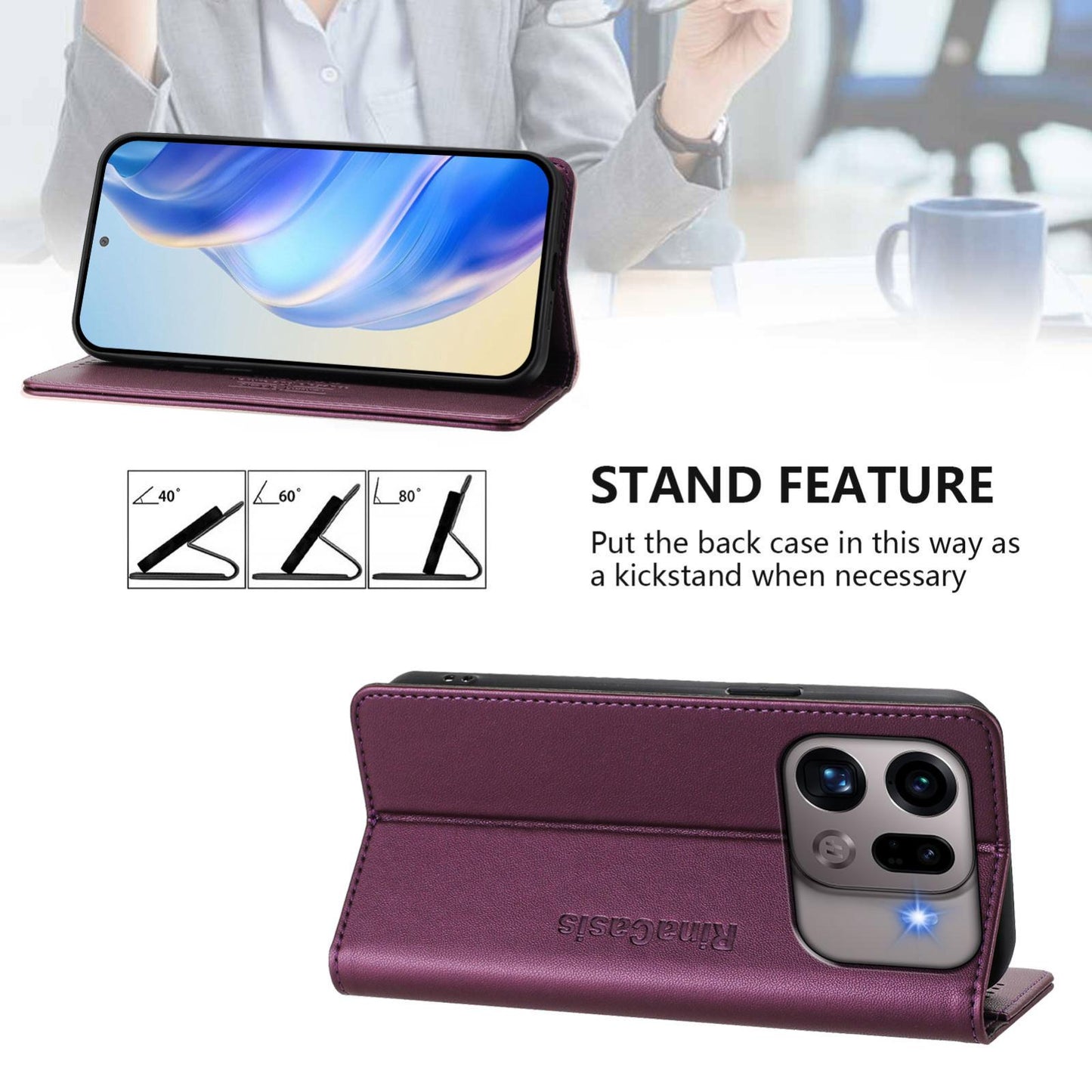 OPPO Find X9s Pro 5G Dual-Folded Magnetic Suction RFID Blocking PU Leather Wallet Phone Case with Card Slots, Cash Pocket, Kickstand, Full Protective Flip Cover