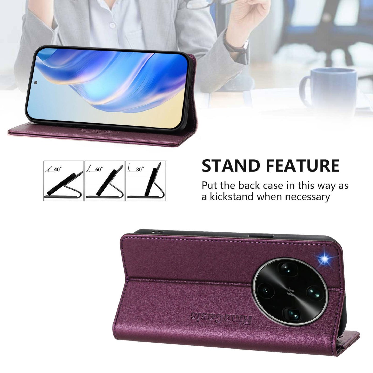 OPPO Find X9 Ultra Dual-Folded Magnetic Suction RFID Blocking PU Leather Wallet Phone Case with Card Slots, Cash Pocket, Kickstand, Full Protective Flip Cover