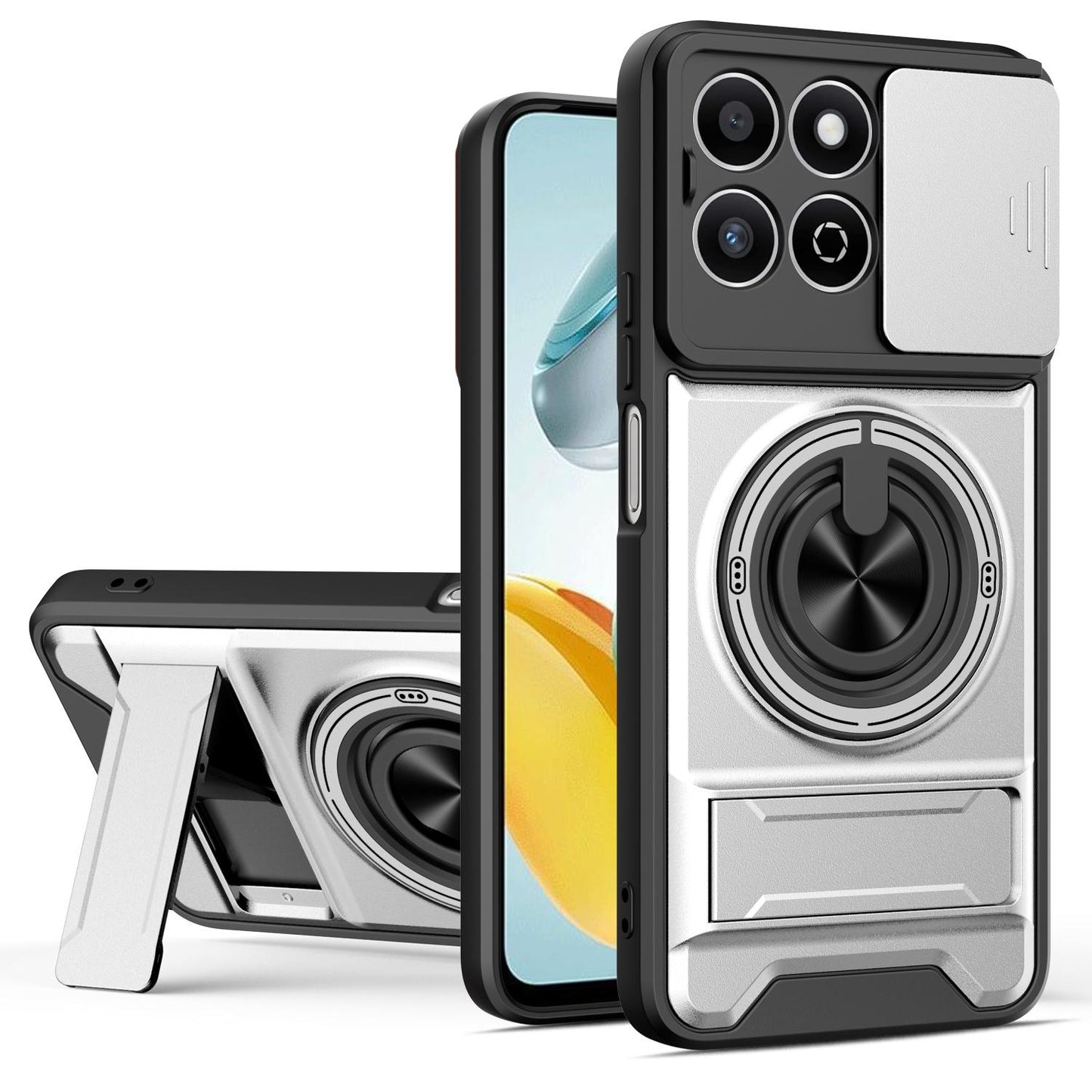 Honor Play 60 Plus Multifunctional Magnetic Shockproof Phone Case with Sliding Lens Window Stand Cover