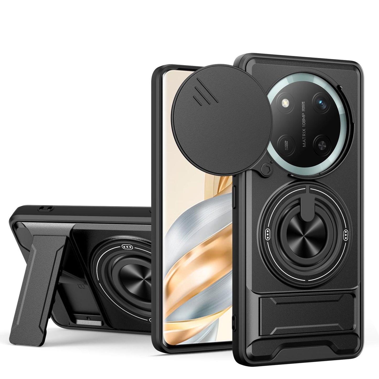Honor X60 Pro Multifunctional Magnetic Shockproof Phone Case with Sliding Lens Window Stand Cover
