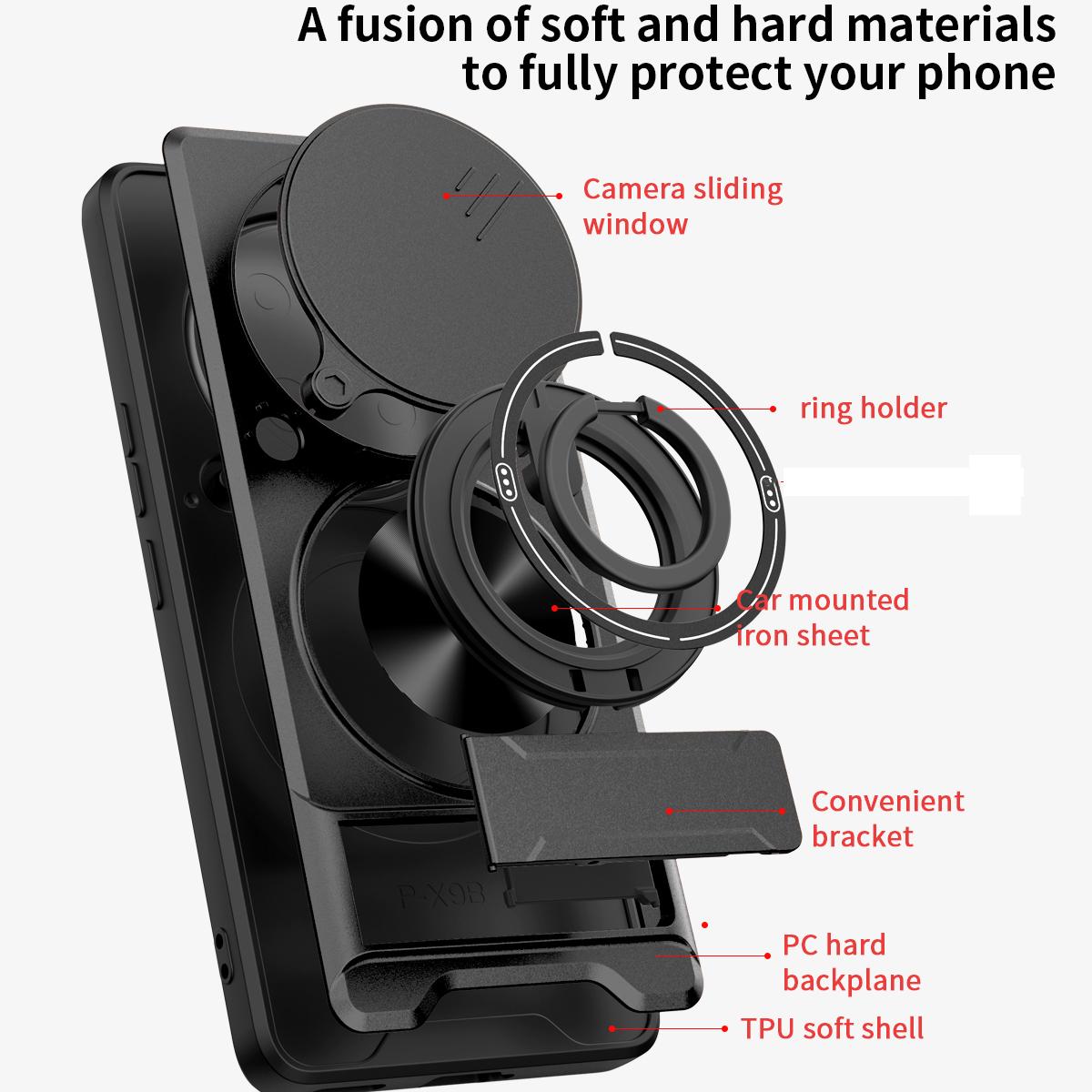 Honor X60 Pro Multifunctional Magnetic Shockproof Phone Case with Sliding Lens Window Stand Cover