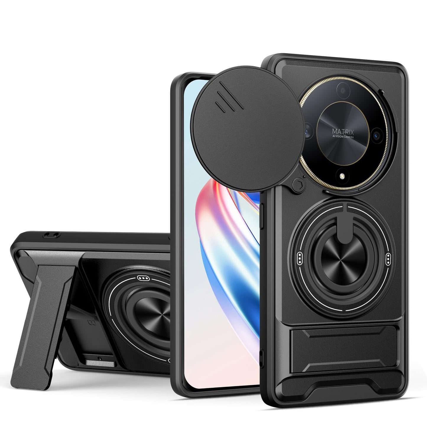 Honor X9b 5G Multifunctional Magnetic Shockproof Phone Case with Sliding Lens Window Stand Cover