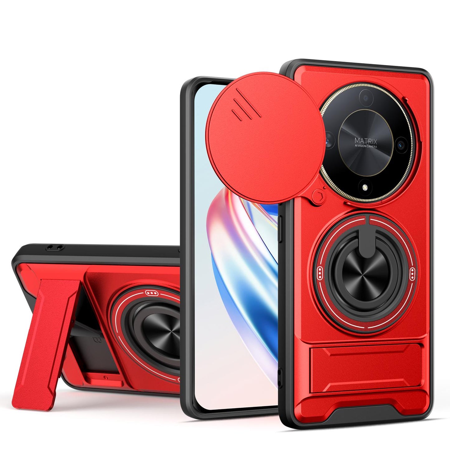 Honor X9b 5G Multifunctional Magnetic Shockproof Phone Case with Sliding Lens Window Stand Cover