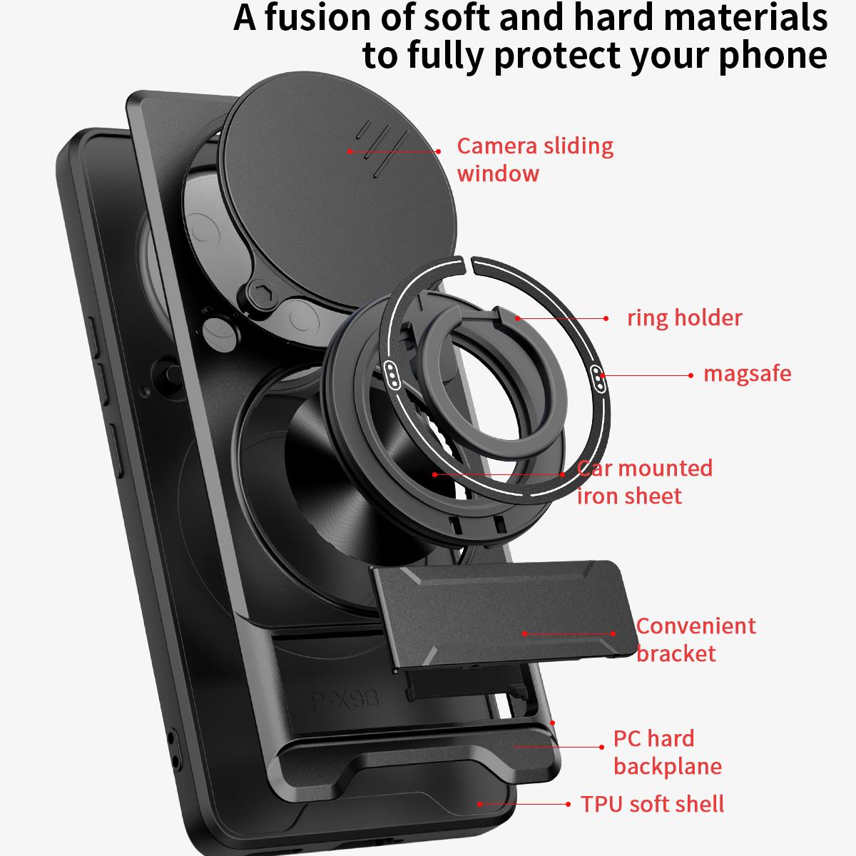 Honor X9b 5G Multifunctional Magnetic Shockproof Phone Case with Sliding Lens Window Stand Cover