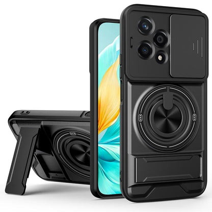 Honor 200 Lite 5G Multifunctional Magnetic Shockproof Phone Case with Sliding Lens Window Stand Cover