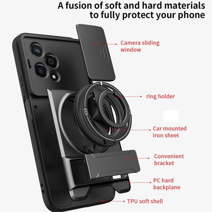 Honor 200 Lite 5G Multifunctional Magnetic Shockproof Phone Case with Sliding Lens Window Stand Cover