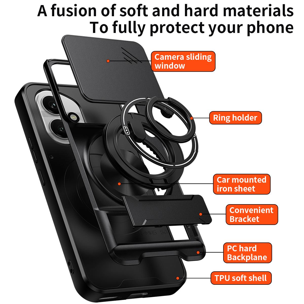 Honor 400 5G 156.5mm Multifunctional Magnetic Shockproof Phone Case with Sliding Lens Window Stand Cover