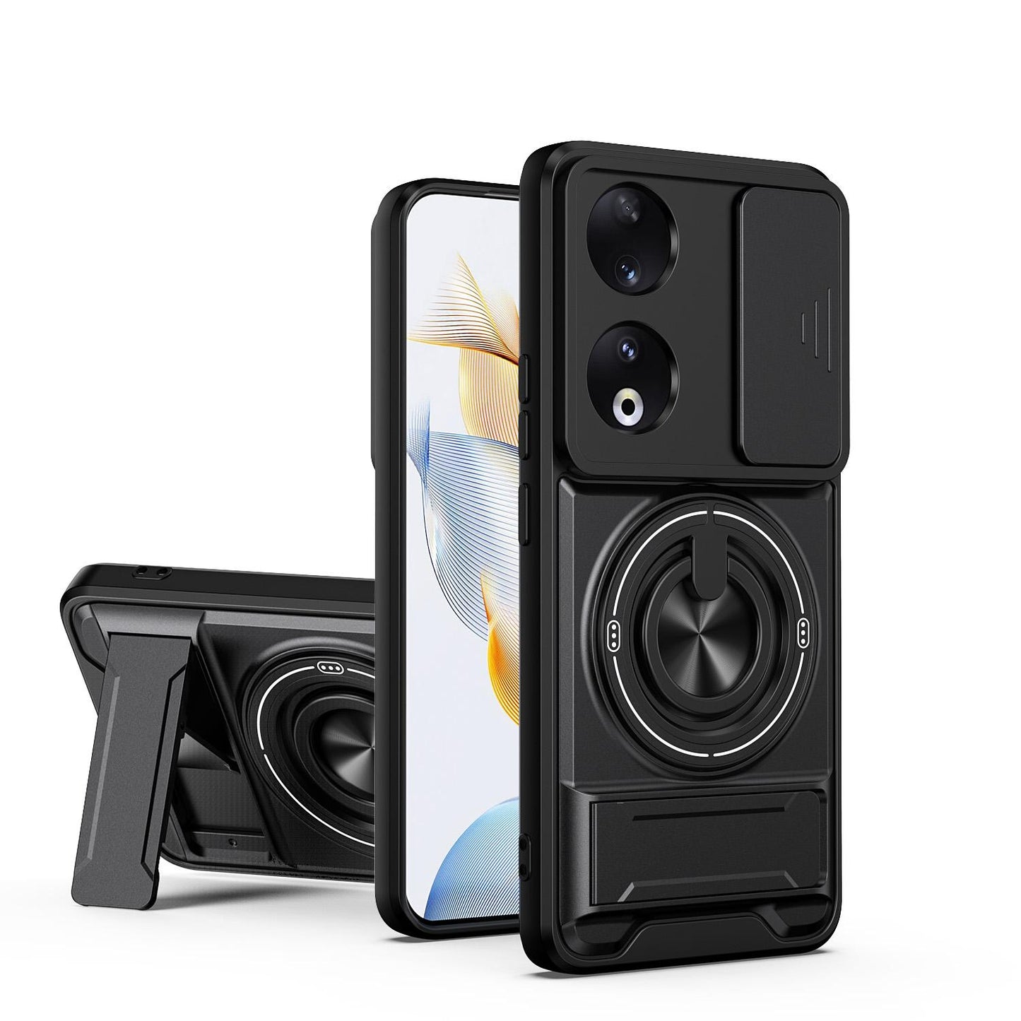 Honor 90 5G Multifunctional Magnetic Shockproof Phone Case with Sliding Lens Window Stand Cover