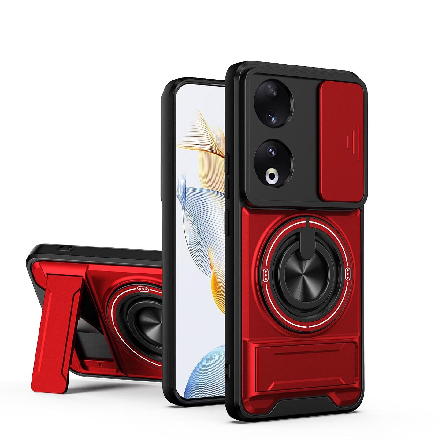 Honor 90 5G Multifunctional Magnetic Shockproof Phone Case with Sliding Lens Window Stand Cover