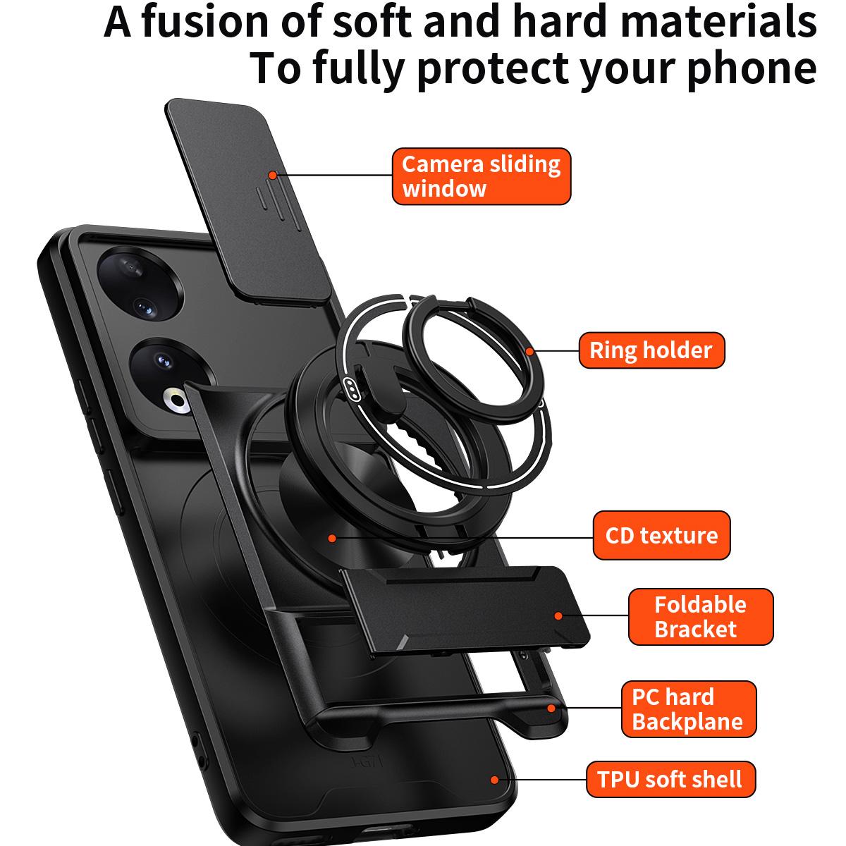 Honor 90 5G Multifunctional Magnetic Shockproof Phone Case with Sliding Lens Window Stand Cover
