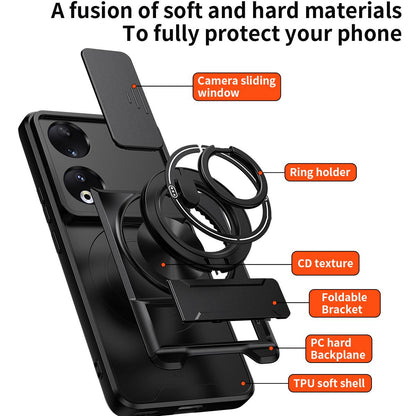 Honor 90 5G Multifunctional Magnetic Shockproof Phone Case with Sliding Lens Window Stand Cover