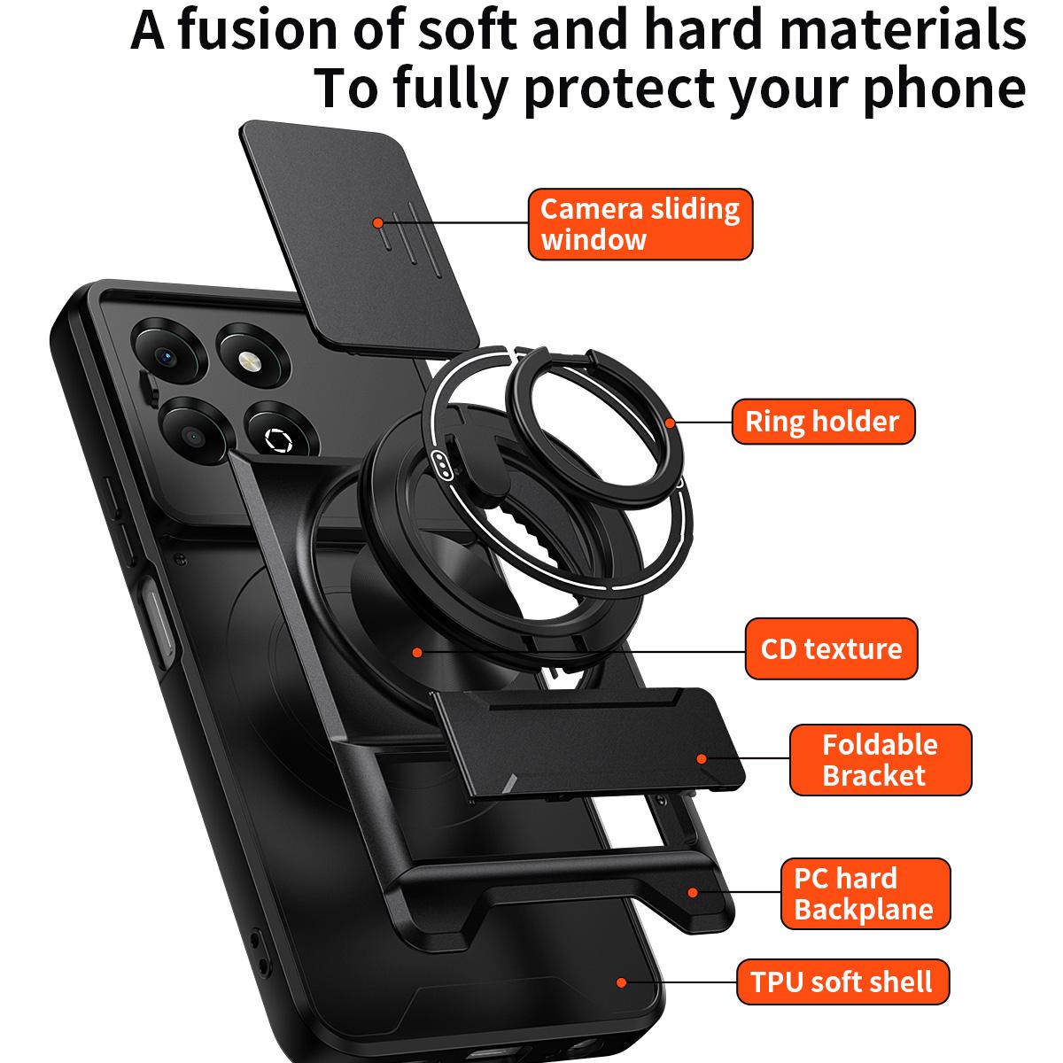 Honor X6b 4G Multifunctional Magnetic Shockproof Phone Case with Sliding Lens Window Stand Cover