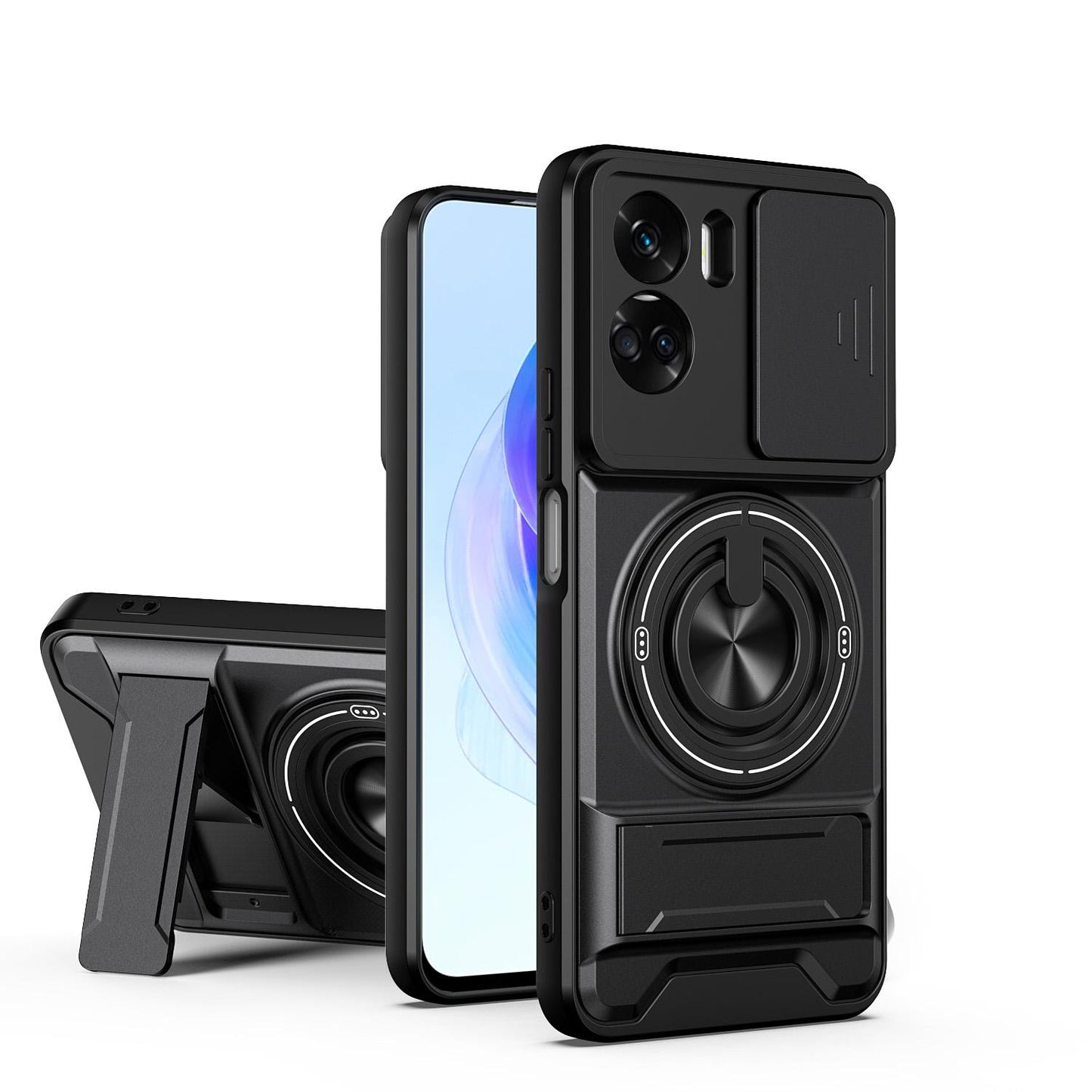Honor 90 Lite 5G Multifunctional Magnetic Shockproof Phone Case with Sliding Lens Window Stand Cover