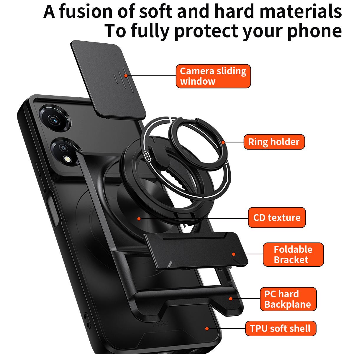 Honor X5 Plus 4G Multifunctional Magnetic Shockproof Phone Case with Sliding Lens Window Stand Cover