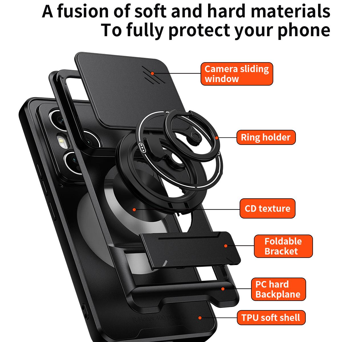 Honor 400 Pro 5G 160.8mm Multifunctional Magnetic Shockproof Phone Case with Sliding Lens Window Stand Cover