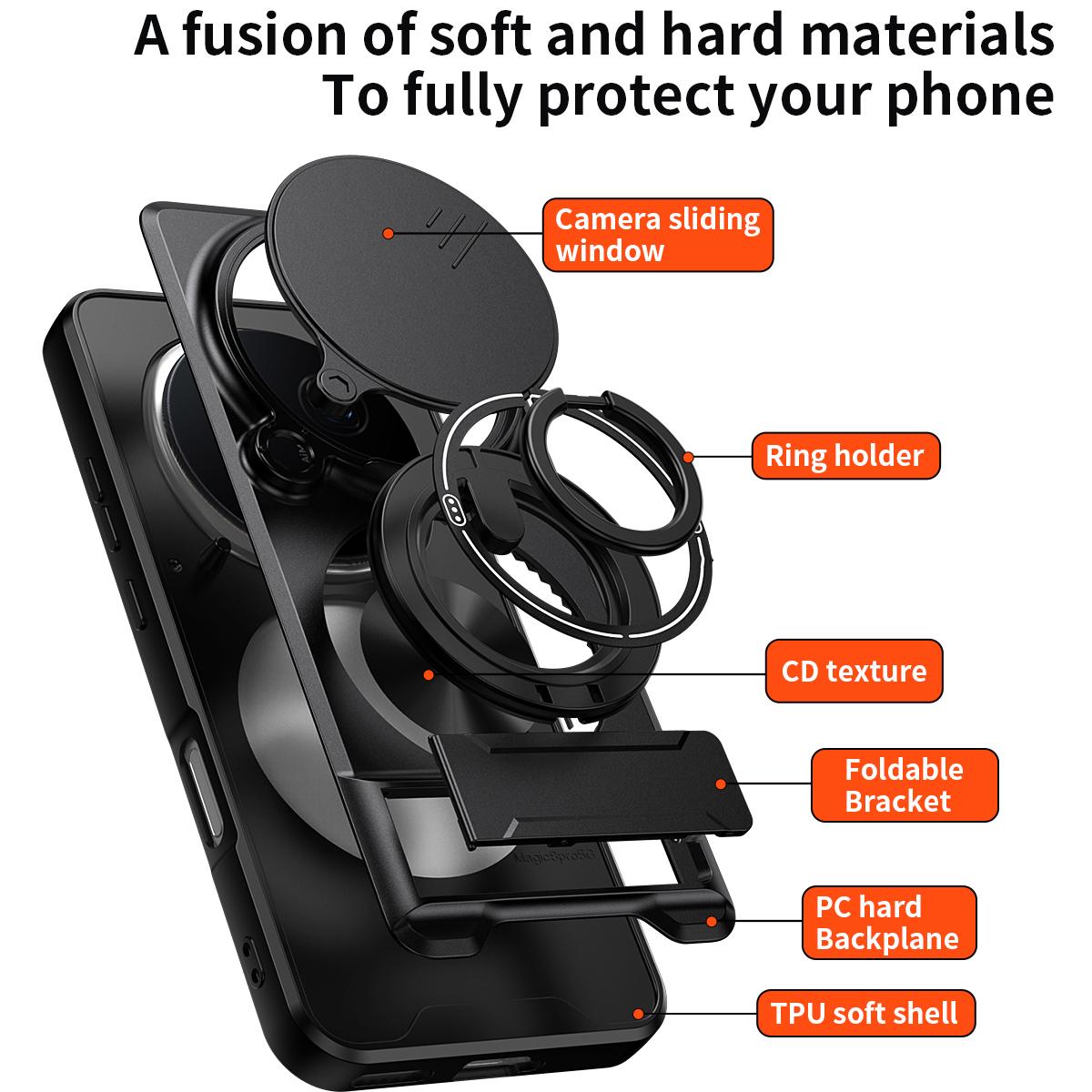 Honor Magic8 Pro 5G Multifunctional Magnetic Shockproof Phone Case with Sliding Lens Window Stand Cover