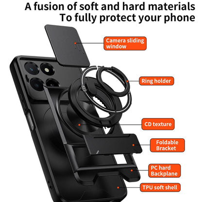 Honor X5b Plus Multifunctional Magnetic Shockproof Phone Case with Sliding Lens Window Stand Cover