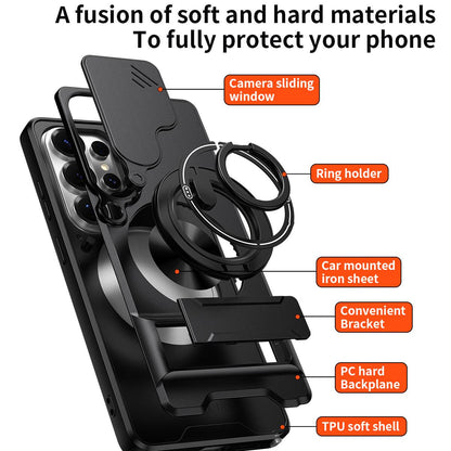 Samsung Galaxy S26 Ultra 5G Multifunctional Magnetic Shockproof Phone Case with Sliding Lens Window Stand Cover