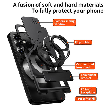 Samsung Galaxy S25 5G Multifunctional Magnetic Shockproof Phone Case with Sliding Lens Window Stand Cover