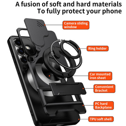 Samsung Galaxy S25+ 5G Multifunctional Magnetic Shockproof Phone Case with Sliding Lens Window Stand Cover