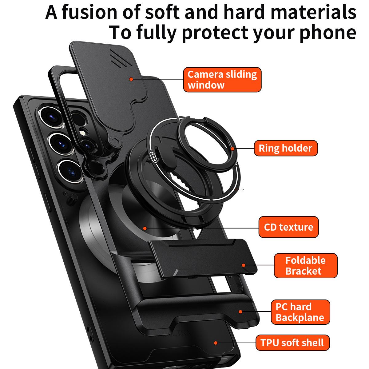 Samsung Galaxy S23 Ultra 5G Multifunctional Magnetic Shockproof Phone Case with Sliding Lens Window Stand Cover