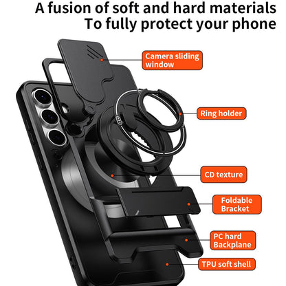Samsung Galaxy S24 FE 5G Multifunctional Magnetic Shockproof Phone Case with Sliding Lens Window Stand Cover