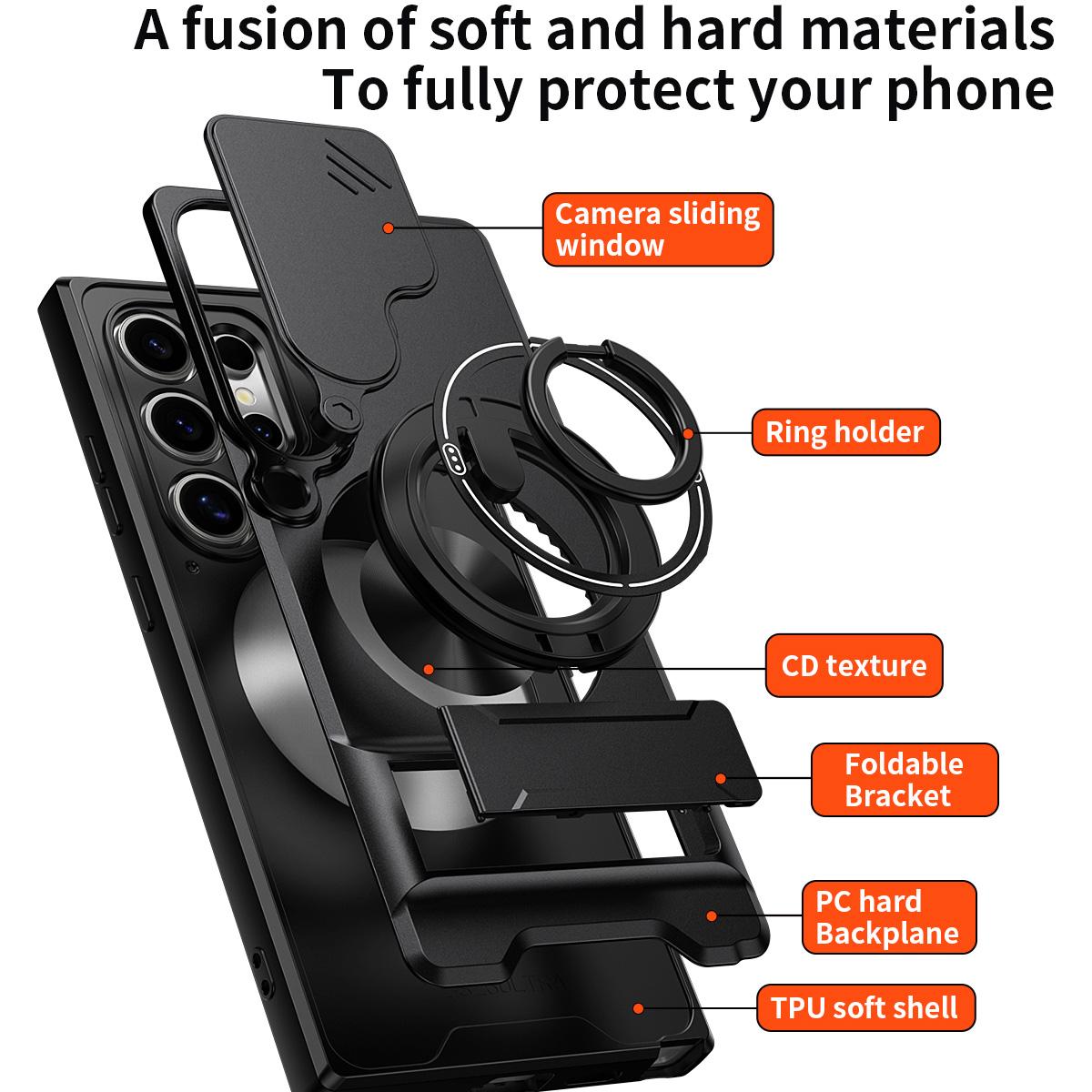 Samsung Galaxy S24 Ultra 5G Multifunctional Magnetic Shockproof Phone Case with Sliding Lens Window Stand Cover