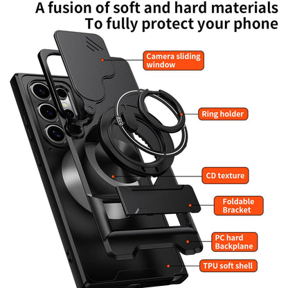 Samsung Galaxy S24 Ultra 5G Multifunctional Magnetic Shockproof Phone Case with Sliding Lens Window Stand Cover