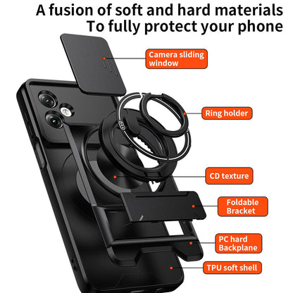 Motorola Moto G54 5G Multifunctional Magnetic Shockproof Phone Case with Sliding Lens Window Stand Cover