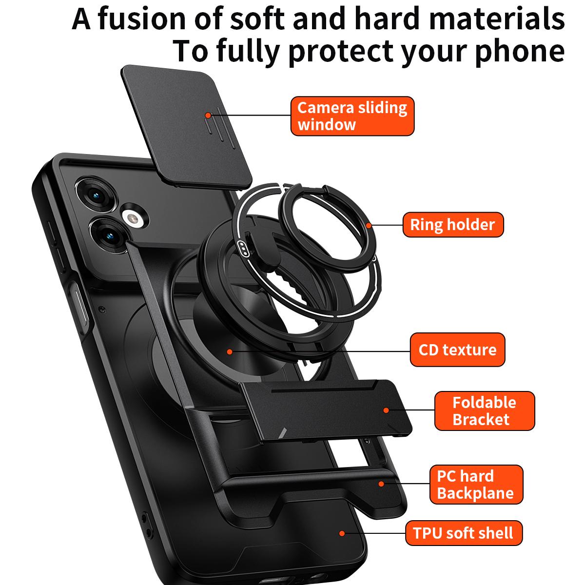 Motorola Moto G55 5G Multifunctional Magnetic Shockproof Phone Case with Sliding Lens Window Stand Cover