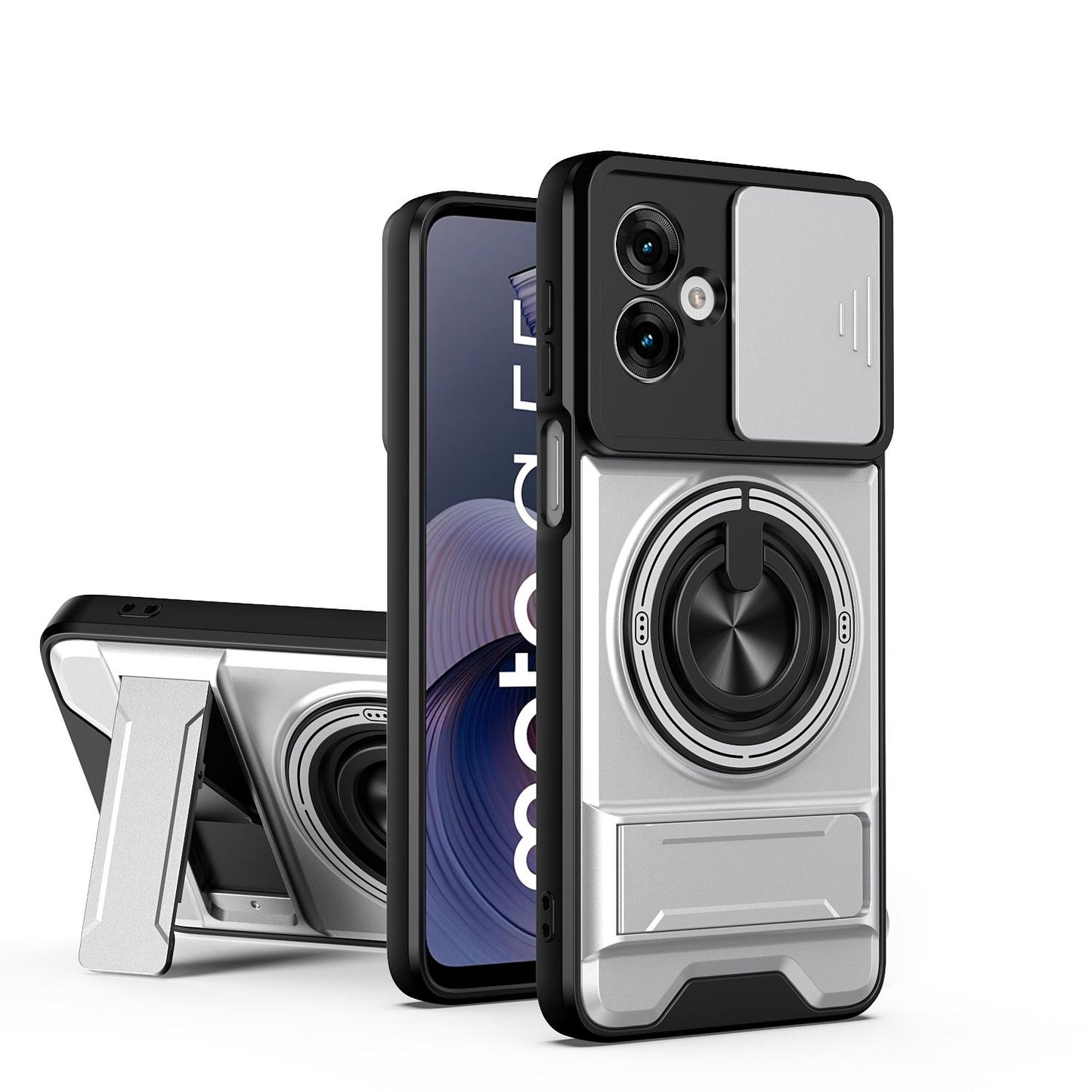 Motorola Moto G55 5G Multifunctional Magnetic Shockproof Phone Case with Sliding Lens Window Stand Cover