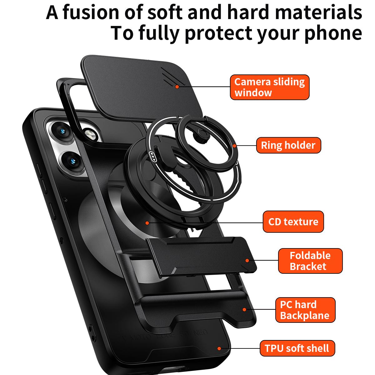 Motorola Edge 50 Neo 5G Multifunctional Magnetic Shockproof Phone Case with Sliding Lens Window Stand Cover