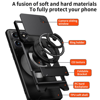Motorola Edge 60 Pro Multifunctional Magnetic Shockproof Phone Case with Sliding Lens Window Stand Cover