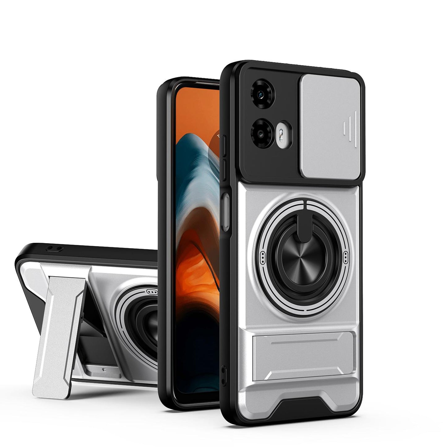 Motorola Moto G34 5G Multifunctional Magnetic Shockproof Phone Case with Sliding Lens Window Stand Cover