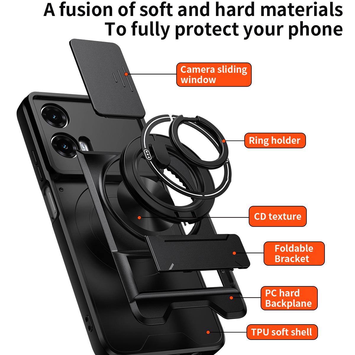 Motorola Moto G35 5G Multifunctional Magnetic Shockproof Phone Case with Sliding Lens Window Stand Cover
