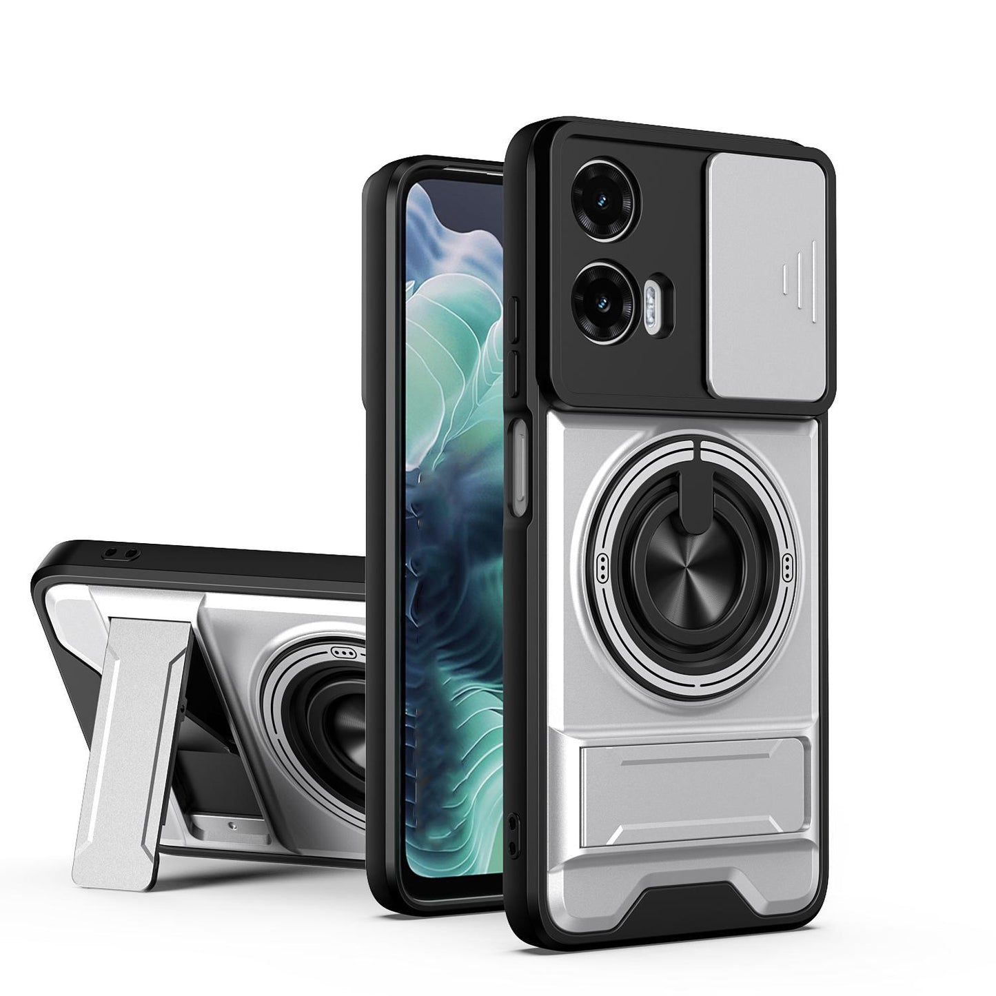 Motorola Moto G35 5G Multifunctional Magnetic Shockproof Phone Case with Sliding Lens Window Stand Cover