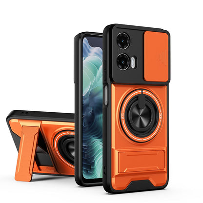 Motorola Moto G35 5G Multifunctional Magnetic Shockproof Phone Case with Sliding Lens Window Stand Cover