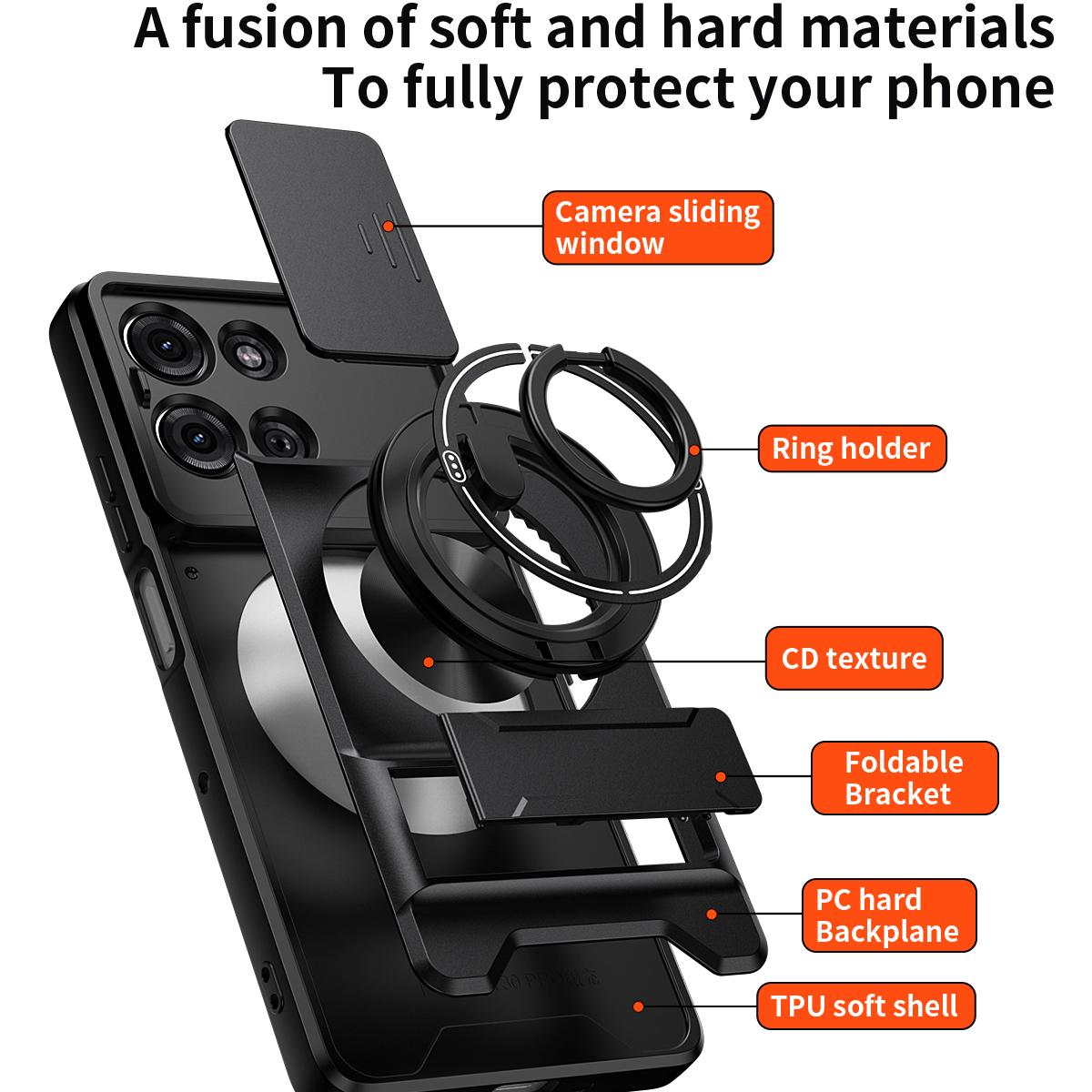 Motorola Moto G75 5G Multifunctional Magnetic Shockproof Phone Case with Sliding Lens Window Stand Cover