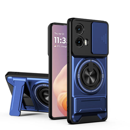 Motorola Moto G85 Multifunctional Magnetic Shockproof Phone Case with Sliding Lens Window Stand Cover