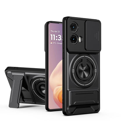 Motorola Moto G85 Multifunctional Magnetic Shockproof Phone Case with Sliding Lens Window Stand Cover