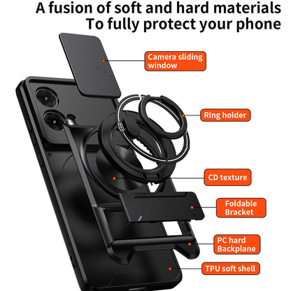 Motorola Moto G85 Multifunctional Magnetic Shockproof Phone Case with Sliding Lens Window Stand Cover