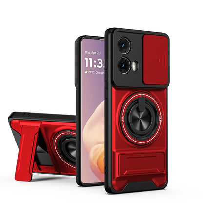 Motorola Moto G85 Multifunctional Magnetic Shockproof Phone Case with Sliding Lens Window Stand Cover