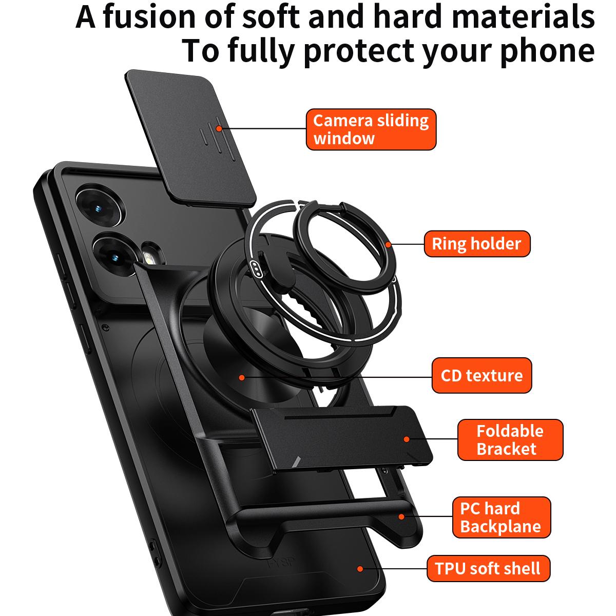 Motorola Moto G85 Multifunctional Magnetic Shockproof Phone Case with Sliding Lens Window Stand Cover