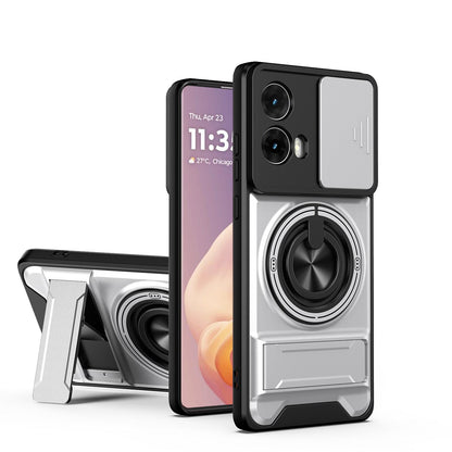 Motorola Moto G85 Multifunctional Magnetic Shockproof Phone Case with Sliding Lens Window Stand Cover