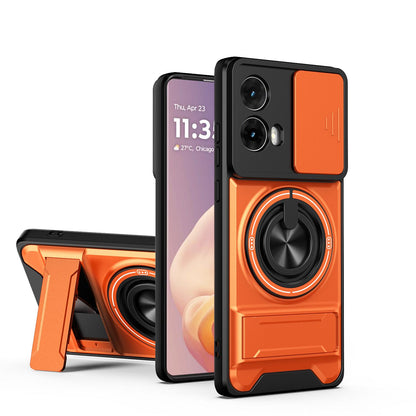 Motorola Moto G85 Multifunctional Magnetic Shockproof Phone Case with Sliding Lens Window Stand Cover